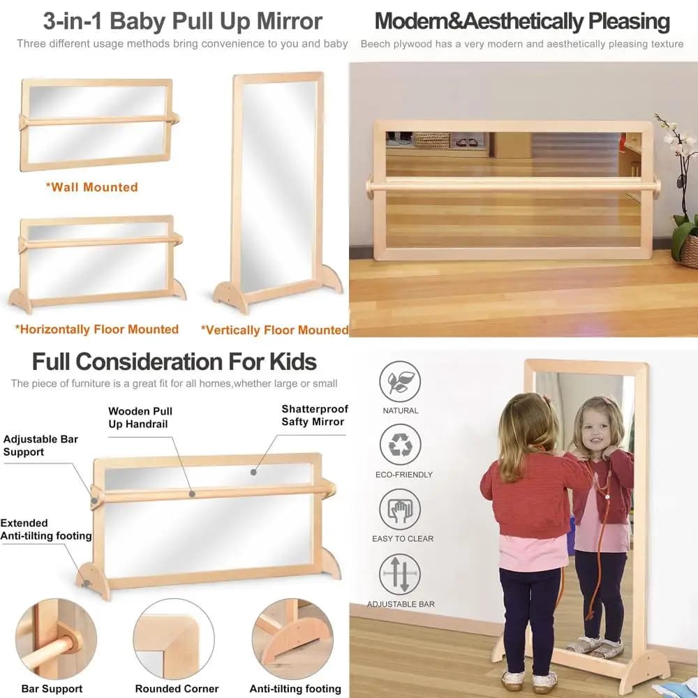 Set of Wooden Bars 3 Positions with Large Mirror, Ideal for School classrooms, Nido Asylums, Homeschooling and Childhood Schools