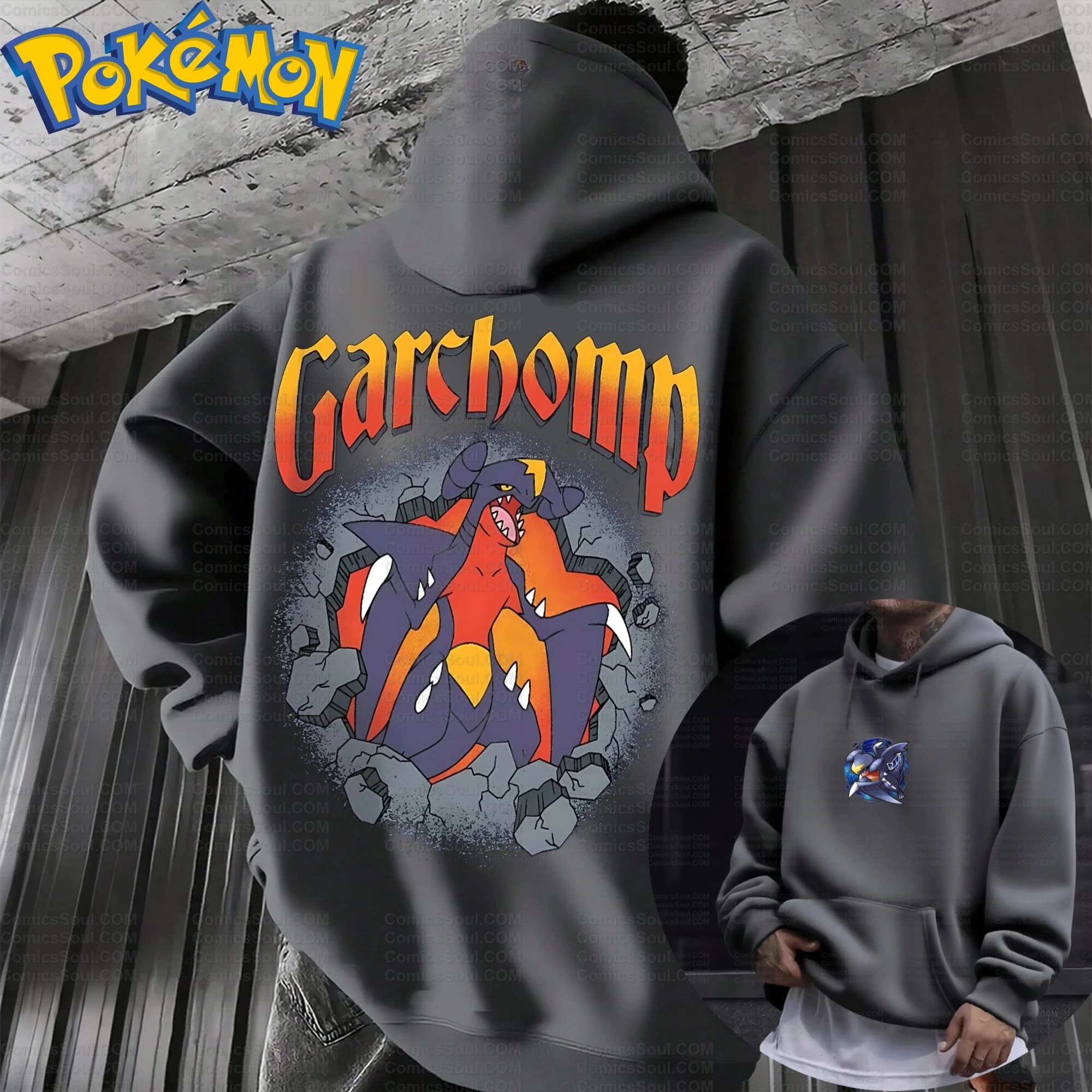 Pokemon Felpa con cappuccio e pantaloni Set Cotone nero Anime Garchomp Personaggio con Fin Wing Back Stampa Manica lunga Casual Streetwear