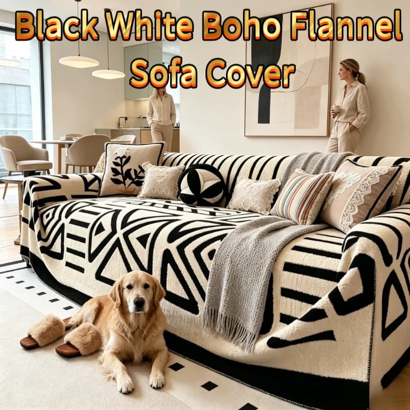 Boho Black White Flannel Sofa Throw 180×230cm, Soft Non-slip Full Couch Cover, Pet Resistant Protector for Home Decoration