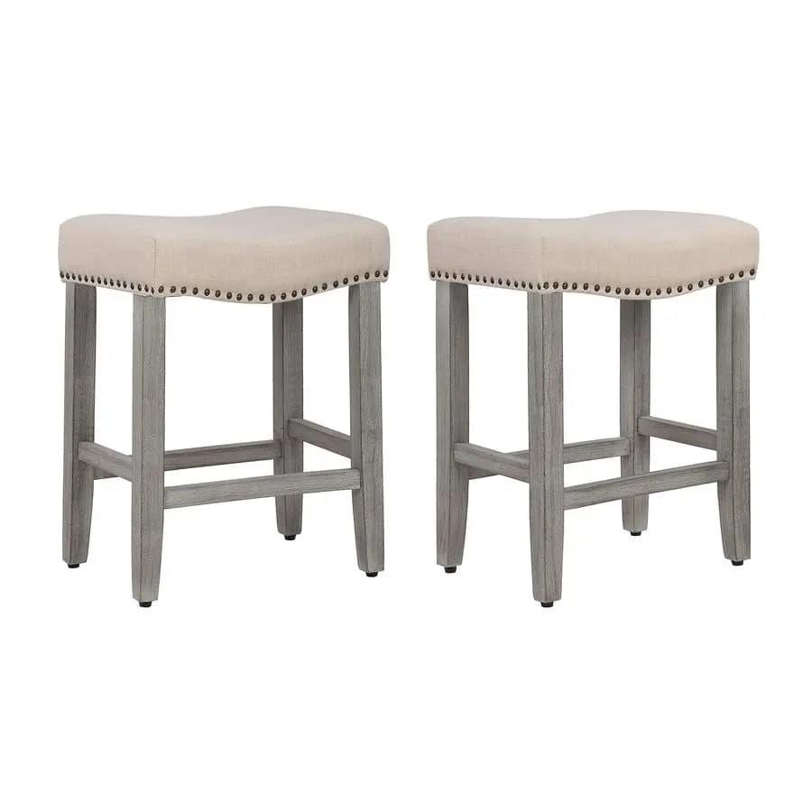 Set of 2 Bar Stools, Modern Wood Stool Style 24 Inch Farm, Chair with Pillow Padded in Linen, Solid Wood Structure