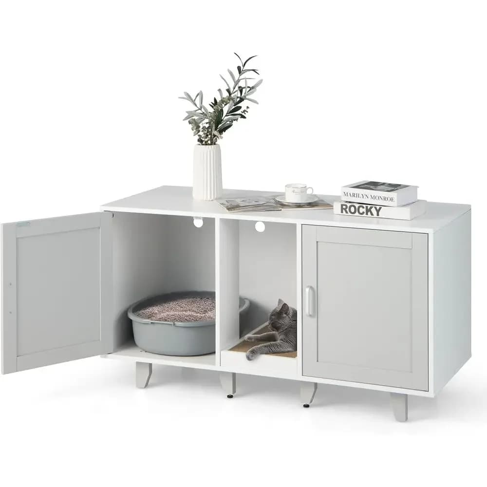 Indoor Cat Litter Box Enclosure with Storage, Scratcher, Air Vents, and Detachable Legs (Light Gray & White)