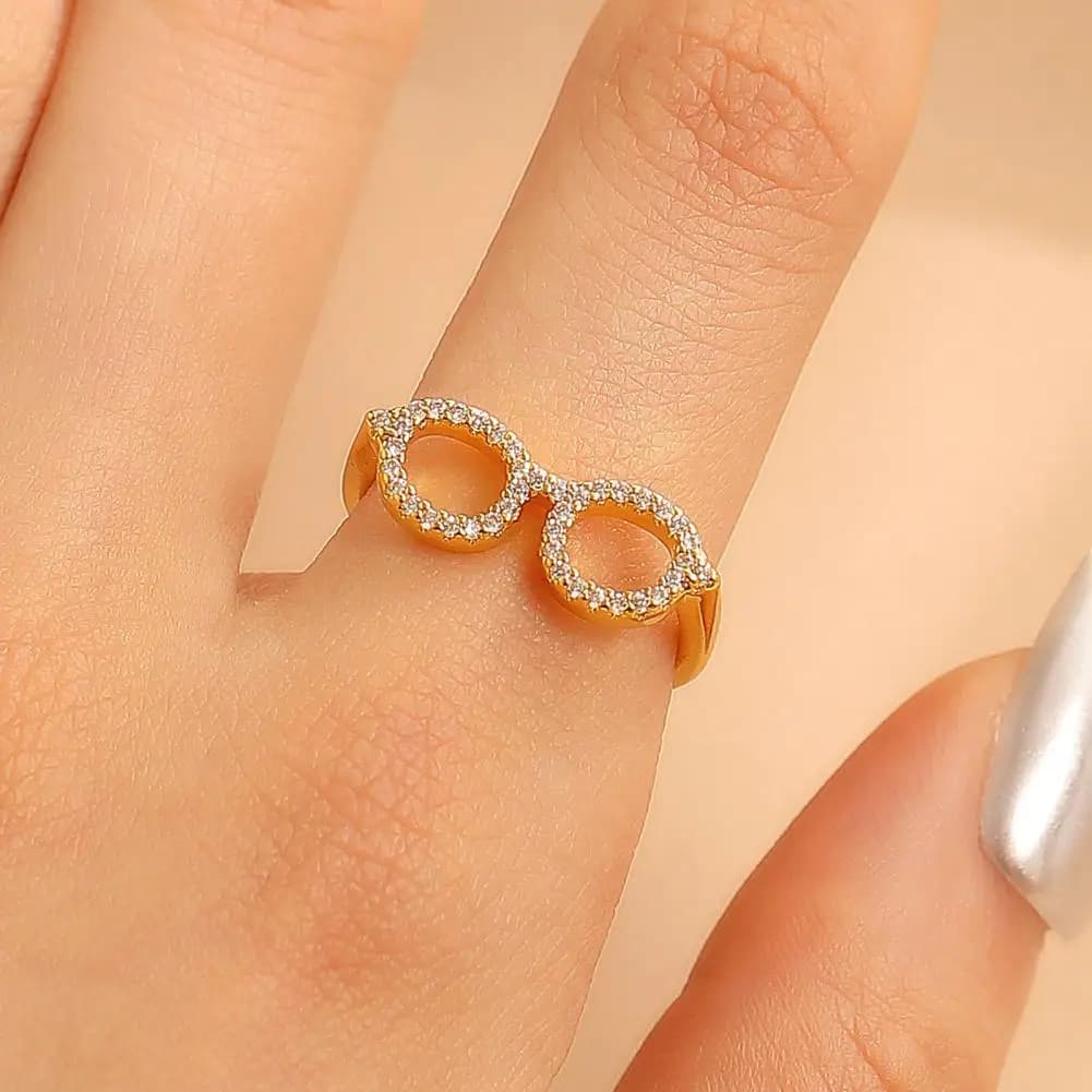 Anello di design Anello da dito per coppia Mini occhiali Anello regolabile con strass scintillanti incrostati Anello da sci a forma di occhiali invernali regolabili