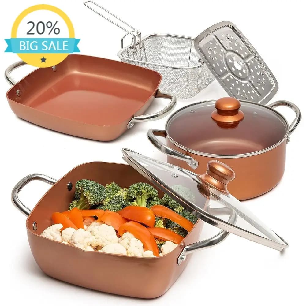 9.5 L Copper Anti-adhesive Copper, Dishwasher Washable and Fitted with Oven, 5 Qt Square Pot and Round Pot, Kitchen Tools Compatible with Induction