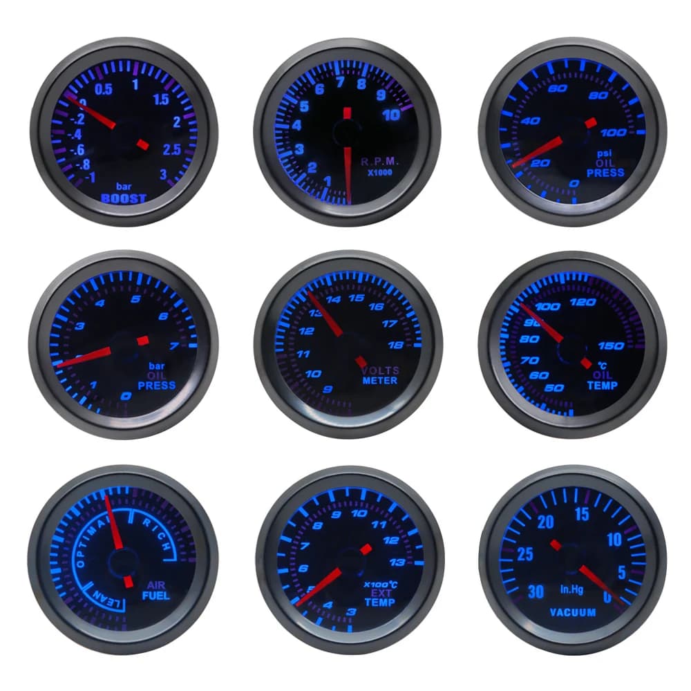 Boost da 52 mm/Vuoto/Temperatura dell'acqua/Temperatura dell'olio/Prensa dell'olio/Tensione/Tachometro/Ratio carburante aria/Indicatore EGT Led analogico blu + Cialde calibro da 52 mm
