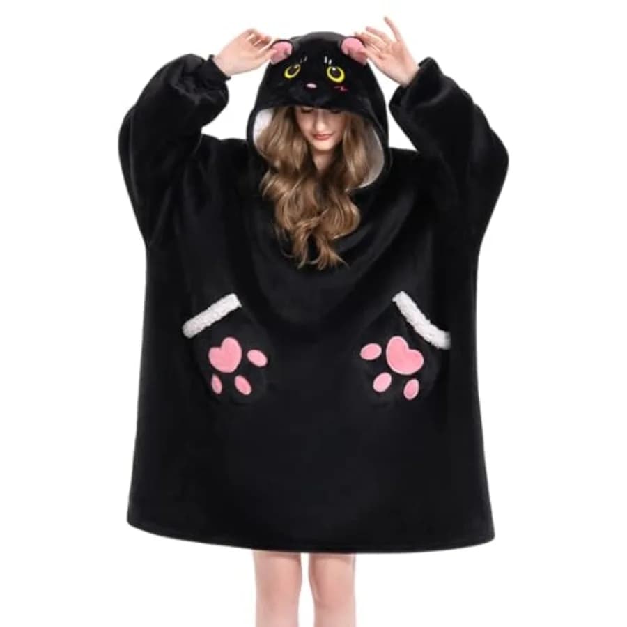 OLAOLA Coperta con Cappuccio a Forma di Gatto Nero per Adulti, Coperta Oversize con Cappuccio Animale, Comoda Coperta in Pile Sherpa per Uomo e Donna