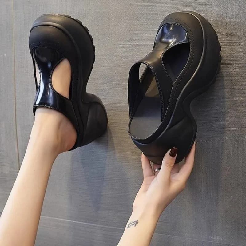 Women's Platform Mules Round Toe Chunky Heel Slip-On Shoes Shiny Cutout Upper Casual Streetwear Edgy Backless Daily Footwear