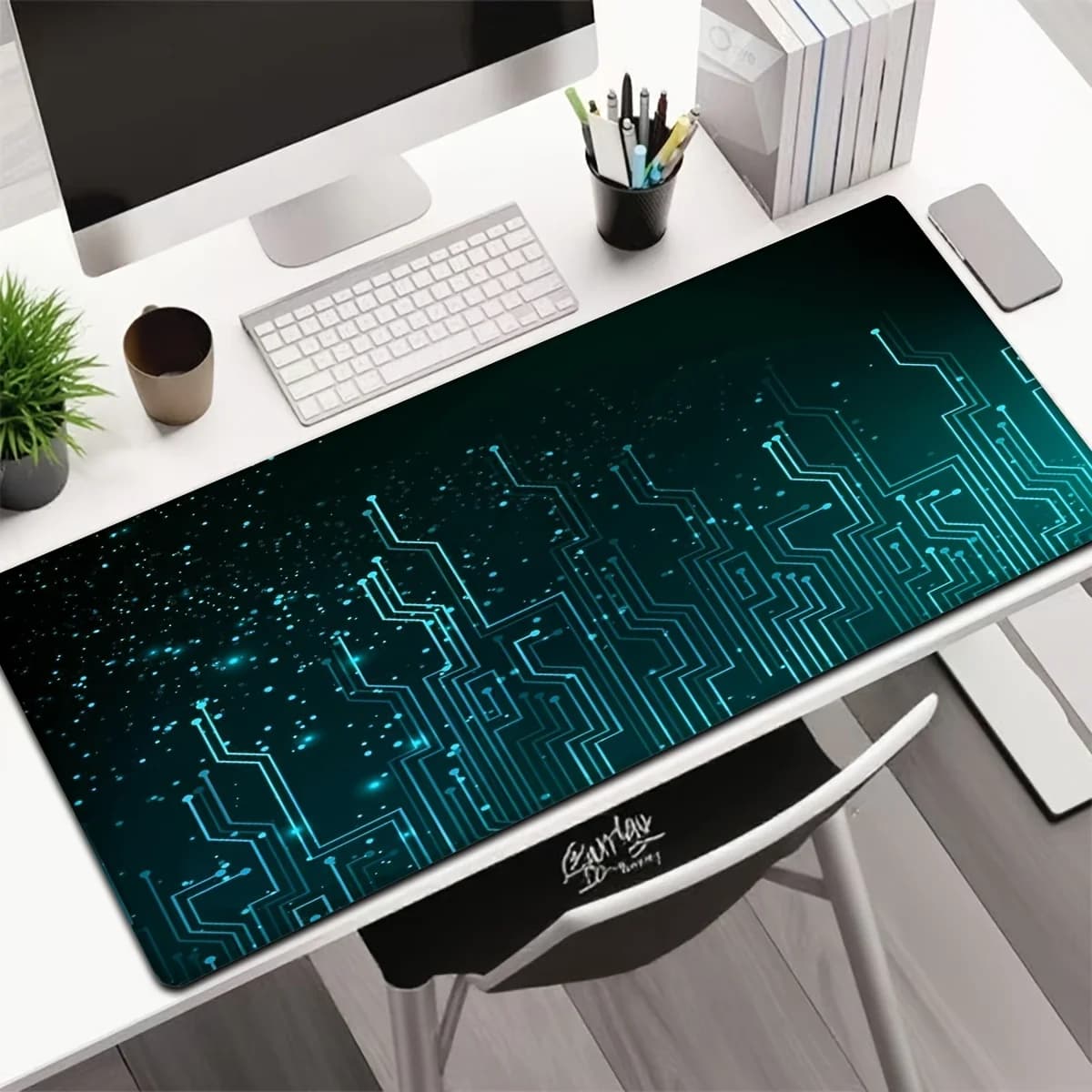 Tappetino per mouse da gaming grande con circuito stampato blu, base in gomma antiscivolo, bordi cuciti, tappetino da scrivania, decorazione per ufficio