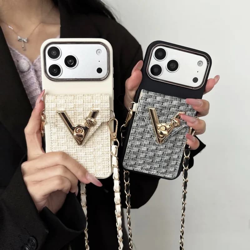 Custodia a portafoglio con laccetto per iPhone 17 Pro Max Air 11 12 13 15 16 14 Plus 16E, con slot per carte, tracolla, in pelle, a forma di V, cover a borsa alla moda