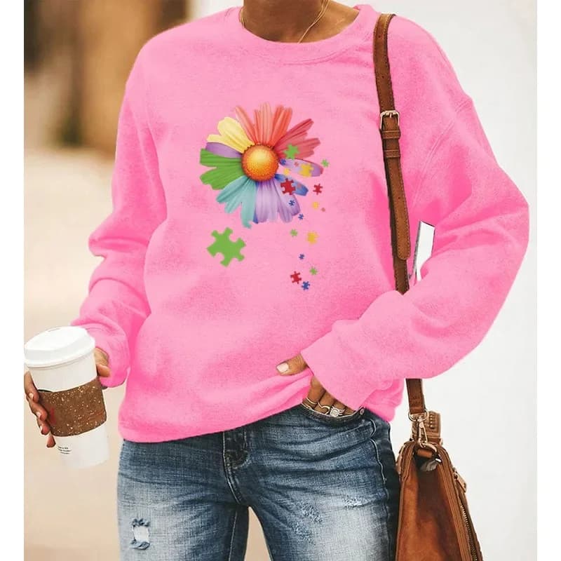 Felpa da donna con cappuccio girocollo a maniche lunghe con stampa estetica Little Daisy Felpa da donna Comode felpe alla moda