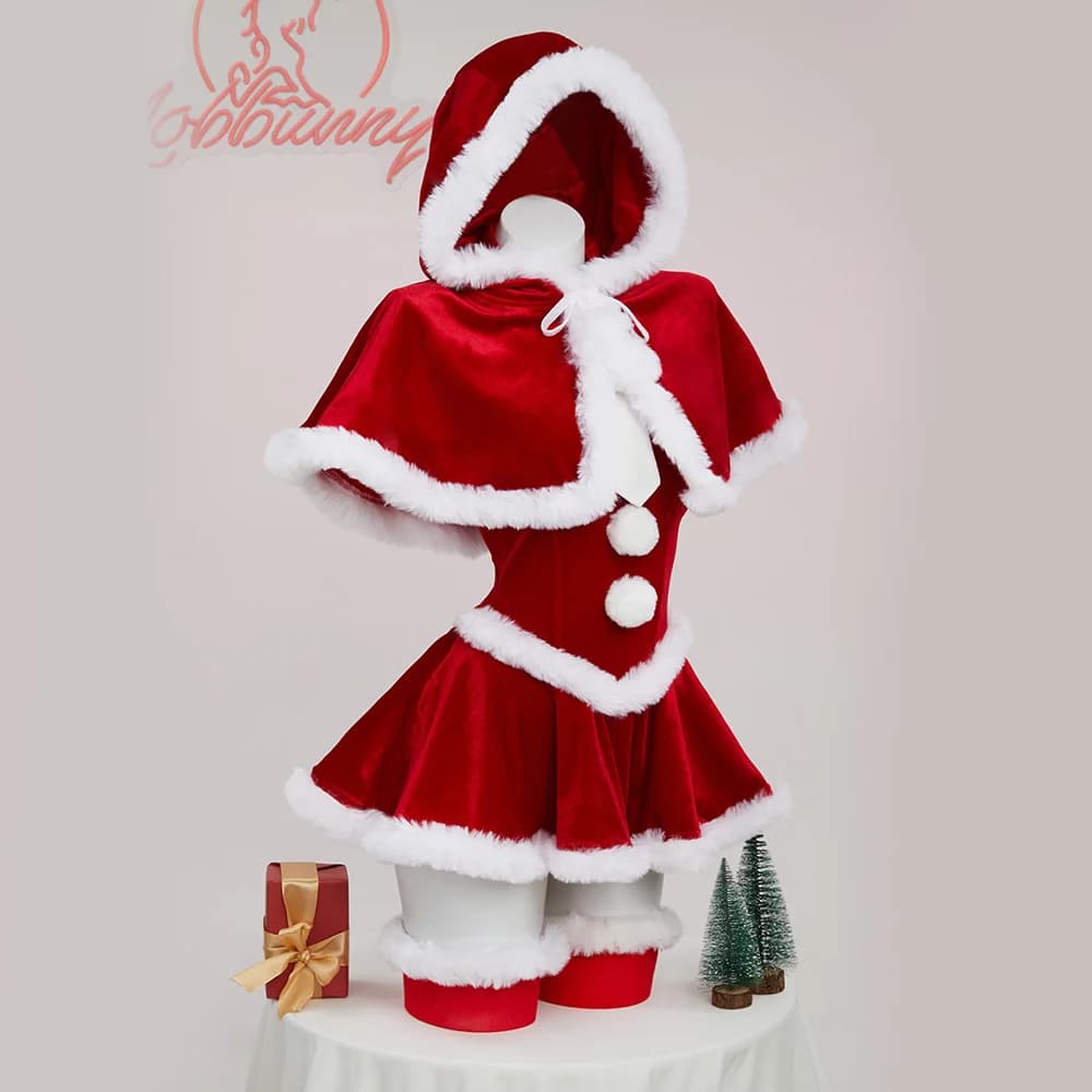 2025 nuovo costume lingerie da donna gonna rossa natalizia body in peluche con mantello e maniche costume cosplay natalizio