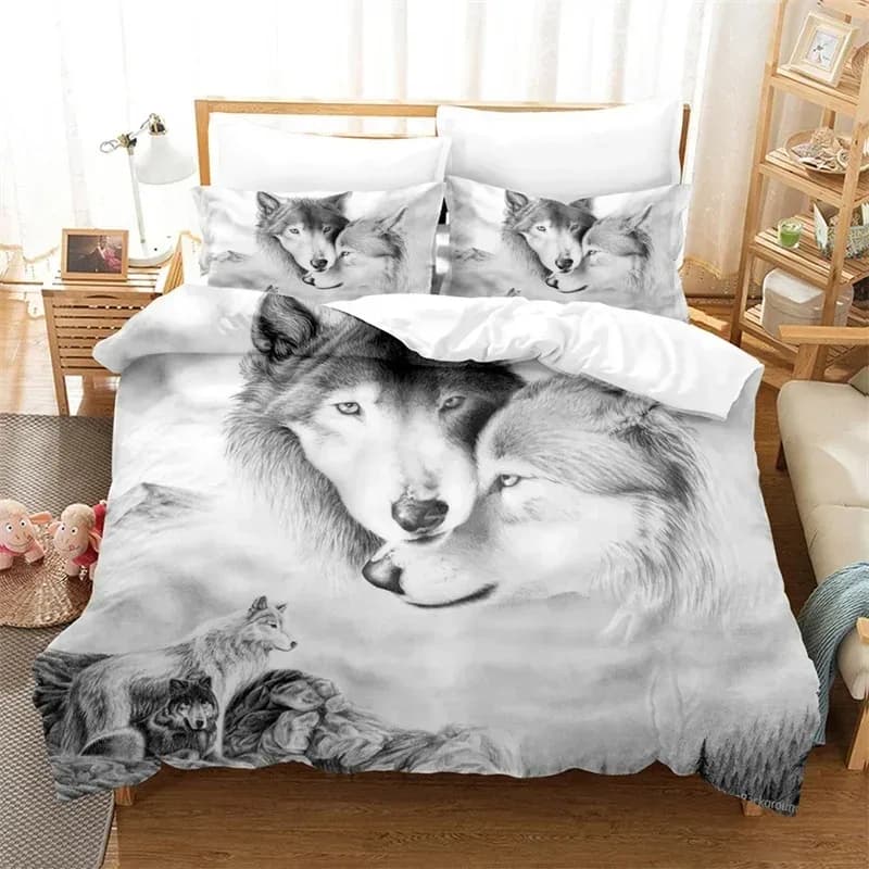 Copripiumino 3D con animali selvatici Set biancheria da letto con luna e lupo Copripiumino in microfibra Galaxy King completo per bambini Adolescenti Ragazzi Arredamento della camera