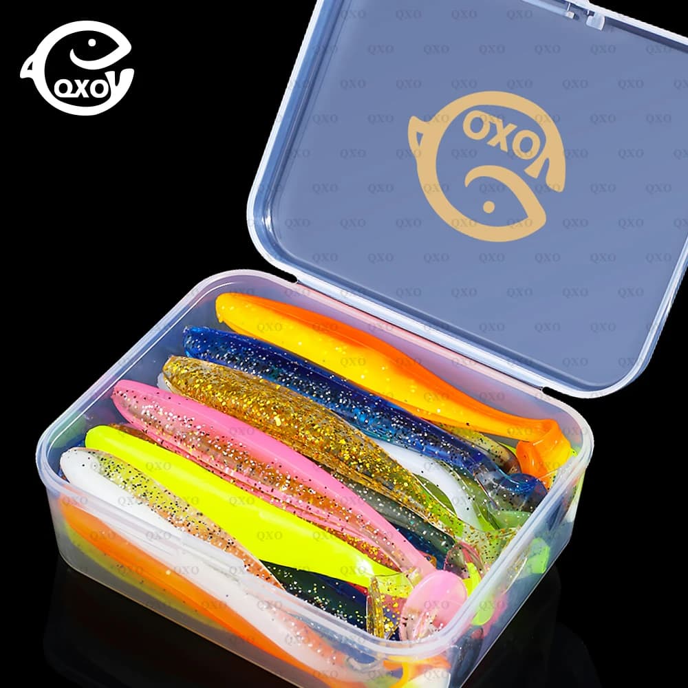 QXO Pesca Richiamo Morbido Verme Con Scatola Esca In Silicone Swimbait Streamer Cucchiaio Da Pesca In Mare Richiamo 7 Centimetri 10 centimetri Wobbler Set