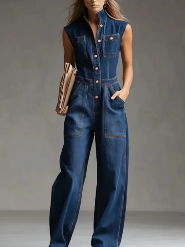 Women Denim Jumpsuit Sleeveless Stand Collar Single Breasted Vintage Pockets Wide Leg Jeans Overall Summer High Street Rompers