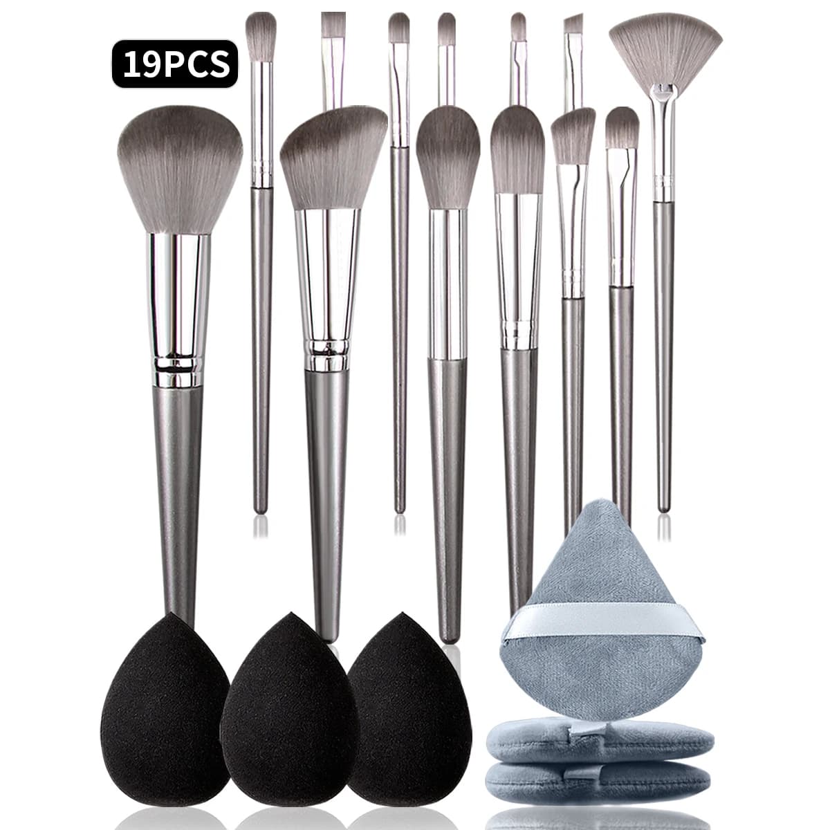19Pcs Vegan Makeup Brush & Sponge Kit /Travel - Pro Synthetic Brushes, 3 Dual Blenders & Puffs, 6-in-1 Gift Set