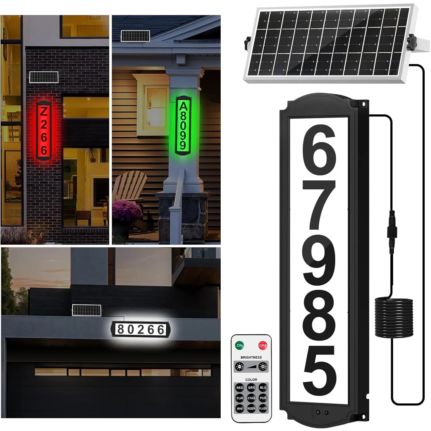Solar House Numbers with Separate Panel Address Sign for Outside Waterproof LED Number Plaque Street Yard Mailbox