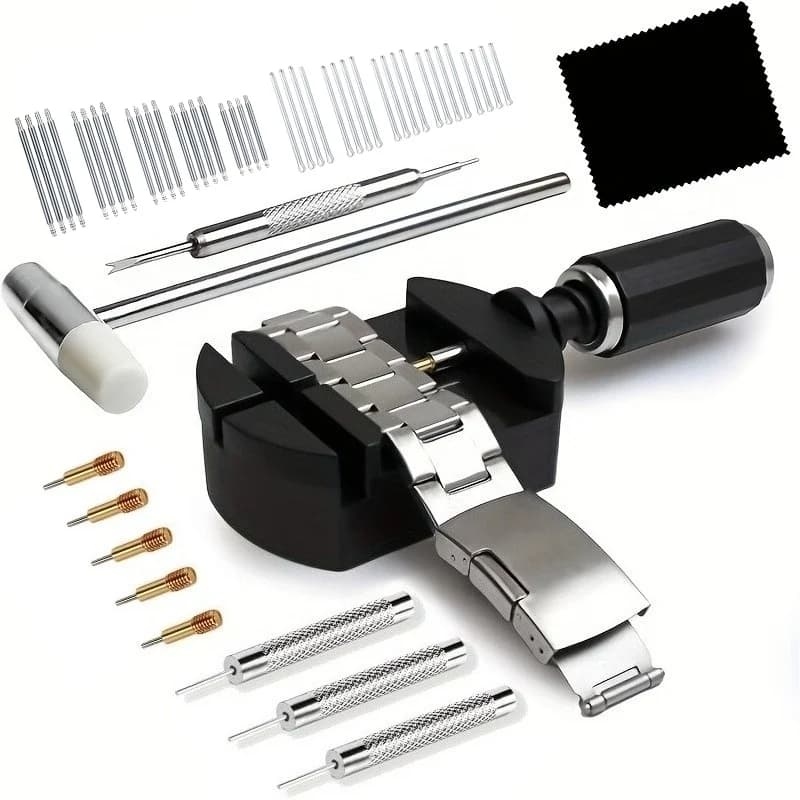 Kit di strumenti professionali per la riparazione di orologi da 52 pezzi/set, comprese presse per capocorda, martelli, barre a molla, seghe a catena e collegamenti per cinturini