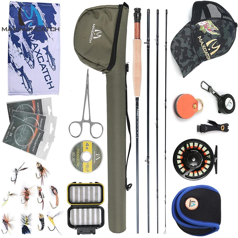 MAXCATCH Amigo Kit da pesca a mosca 9ft 5-7WT Azione rapida Asta da mosca Bobina Linea Leader Ganci con tubo triangolare Set combinato da pesca a mosca