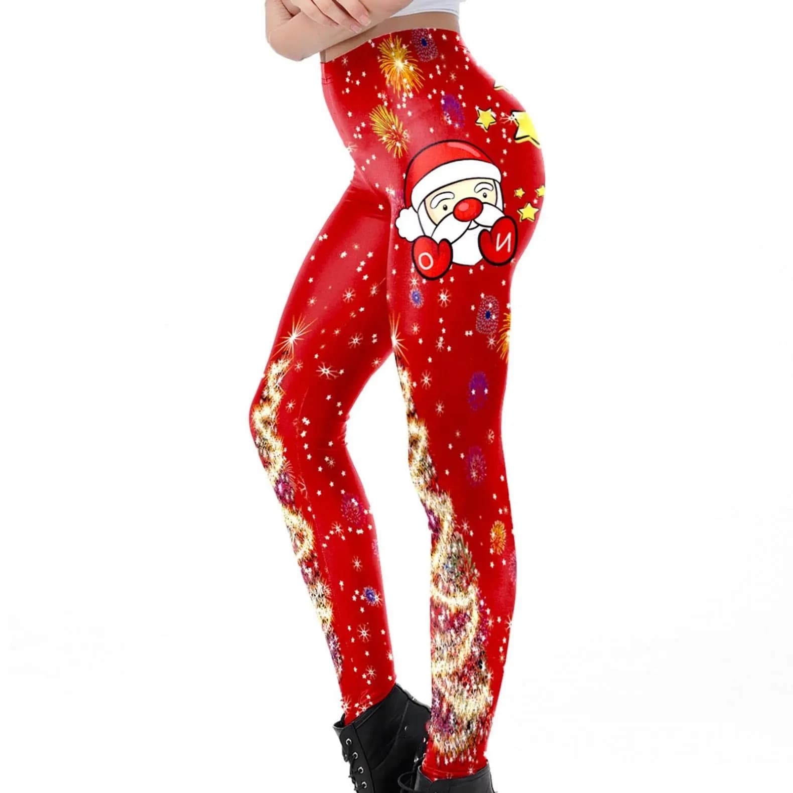 Women's Christmas Theme Red Printed Leggings Polyester and Spandex Blended Fabric Elastic Autumn and Winter Season