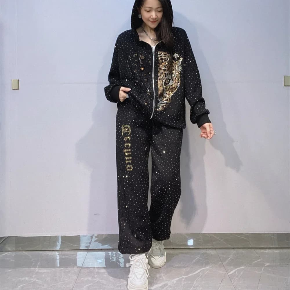 Cartoon Diamonds Oversized 2 Piece Sets Womens Outfits Autumn Winter Tracksuit Casual Hooded Zipper Cardigan Top and Pant Suits