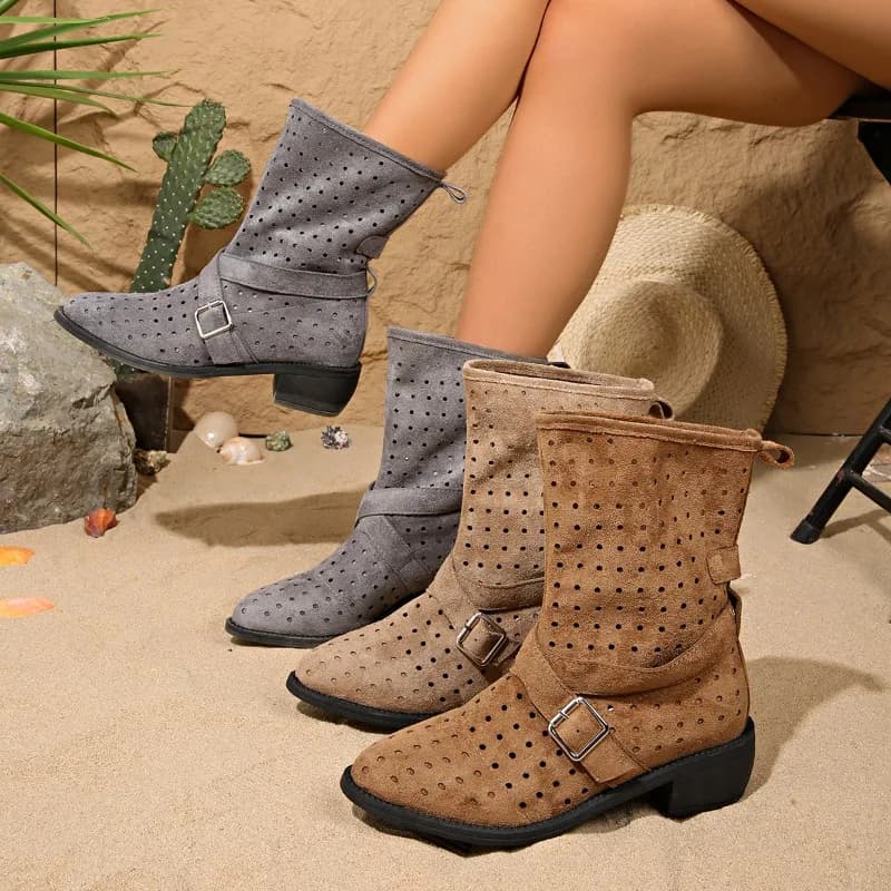 Suede Cutout Block Heel Cool Boots Women's 2026 Fashion Pointed Toe Metal Buckle Non-Slip Wear-Resistant Slides Women Sandals