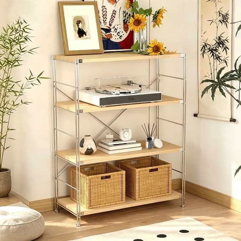 New Chinese log color shelf floor-to-ceiling multi-layer living room tea room storage rack simple Zen study display rack