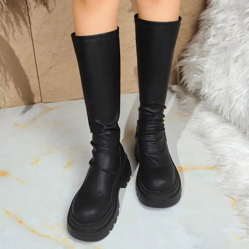 High knee boots with thick black sexy background Woman 2025 Winter comfort Platform Often heel Long elastic riding boots Strong size shoes