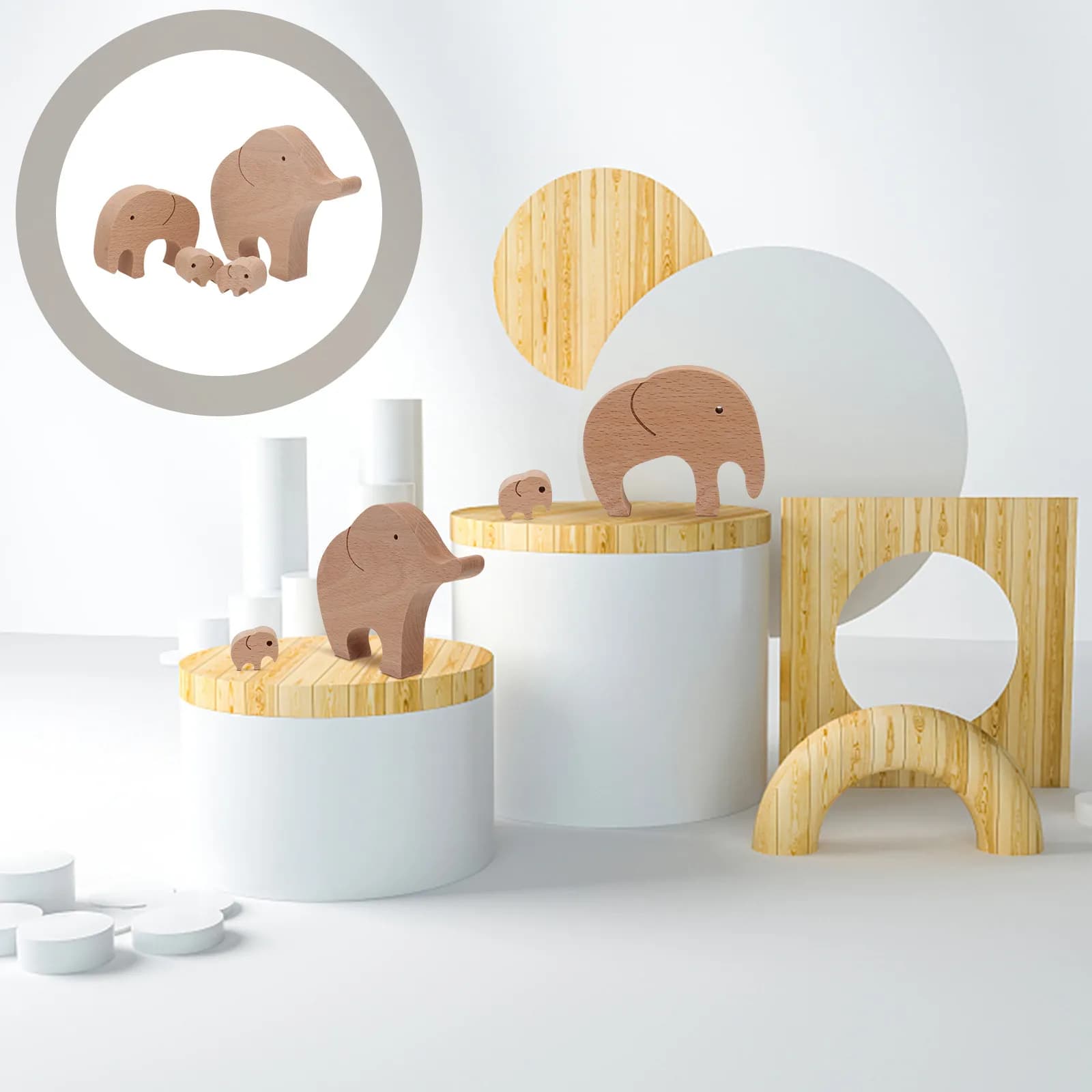 Wooden Elephant Figurines 4 Piece Set Creative Desktop Ornaments for Home Office Table Shelf Decor