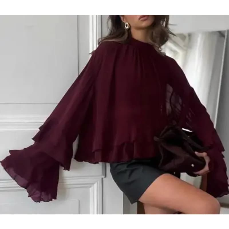 Nuova Camicetta Estiva Primaverile da Donna in Chiffon Marrone con Colletto Alto, Maniche a Campana e Volant, Elegante e alla Moda