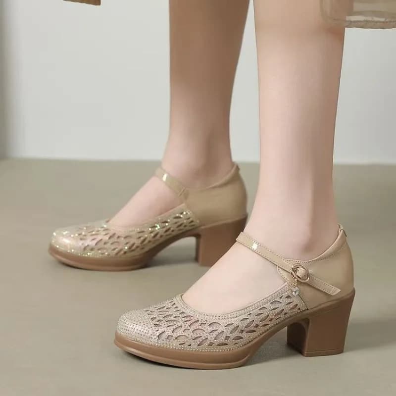 Women's Shoes with Big and Breathable Heel, New Model Spring/Summer, High Heels with Single Strap for Mid-Eight Women and Elderly