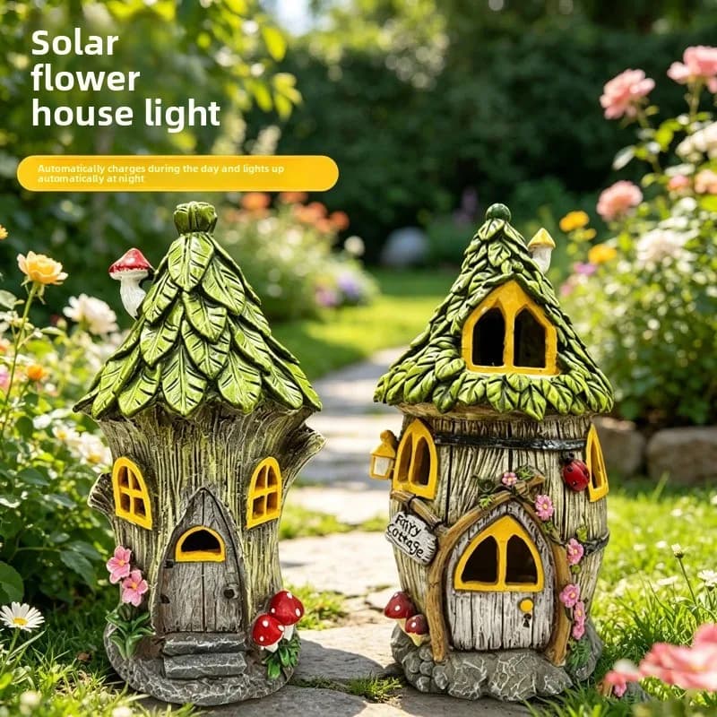 Casetta delle Fate in Resina Impermeabile con Luce LED Solare, Lampada da Esterno per Giardino e Decorazioni Natalizie