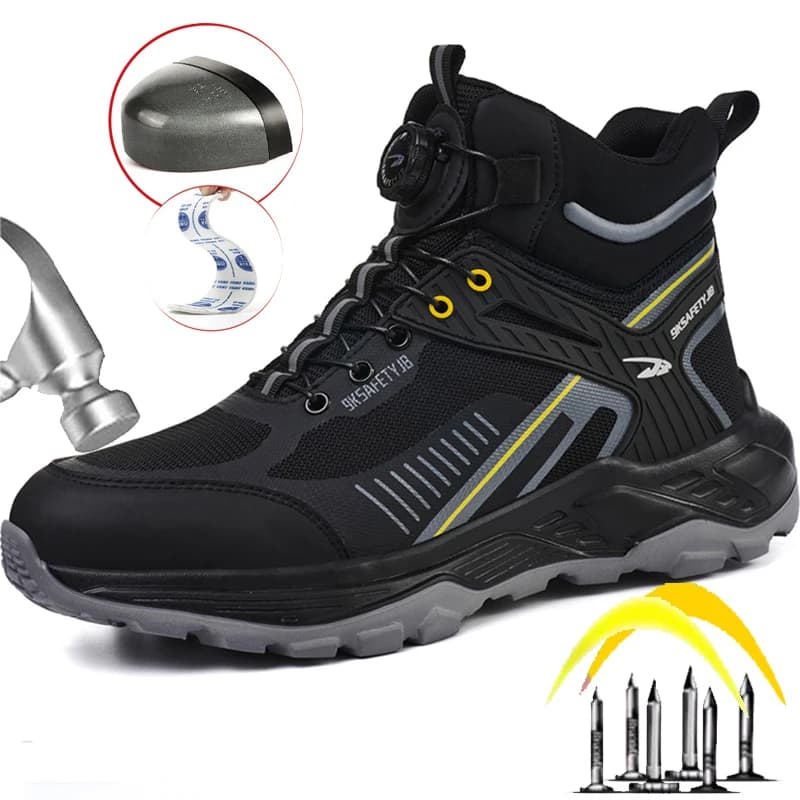 Nuove Scarpe Antinfortunistiche da Uomo con Bottone Girevole, Sneaker con Punta in Acciaio, Anti-Schiacciamento, Anti-Perforazione, Stivali da Lavoro, Calzature da Costruzione a Collo Alto