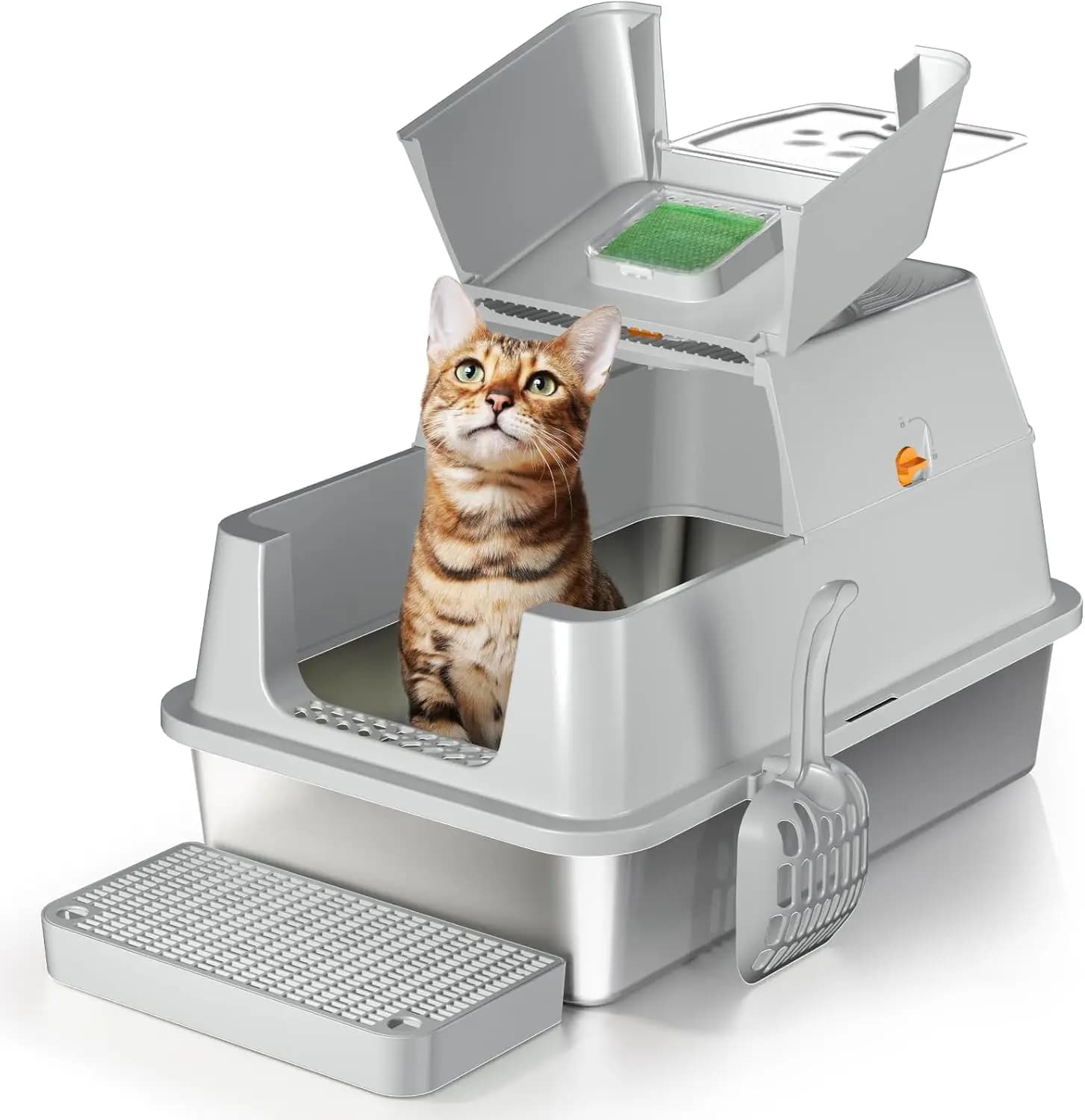 Lettiera per Gatti in Acciaio Inossidabile con Coperchio, 180 ° Design Chiuso Flip-Top XL, Facile da Pulire e Controllo degli Odori