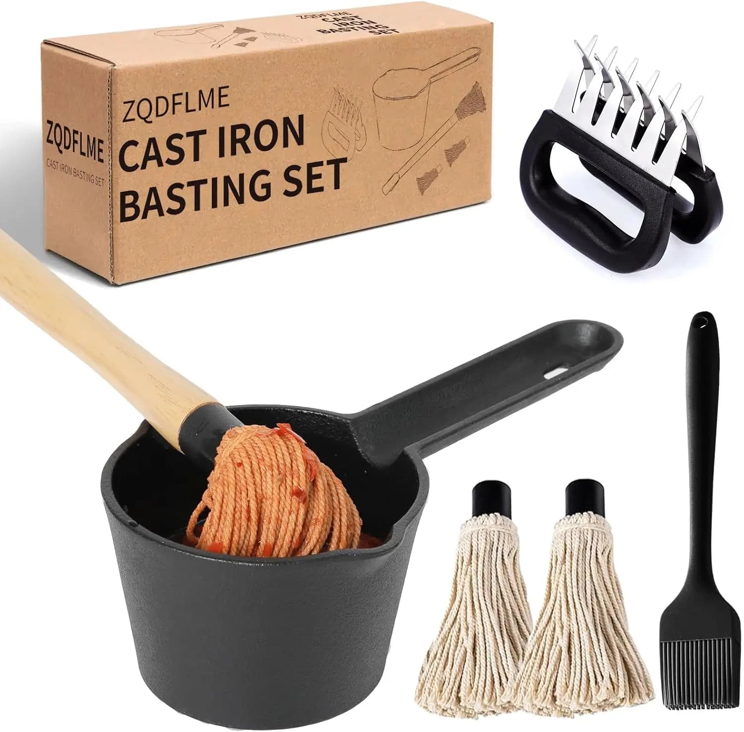 Set di Spazzole per Barbecue e Pentola in Ghisa con Pennello in Silicone e Artigli per Sfilacciare la Carne, per Grigliare, Affumicare e Cucinare sul Fornello (8 pezzi)