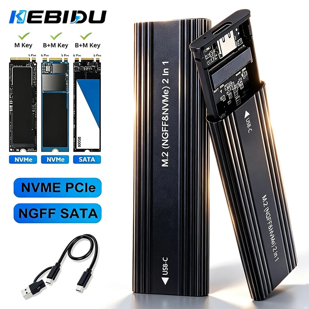 KEBIDU 10Gbps USB C M.2 NVMe External SSD Enclosure Aluminum Case Type A+C Fit M Key B+M Key M2 Solid State Drive Reader