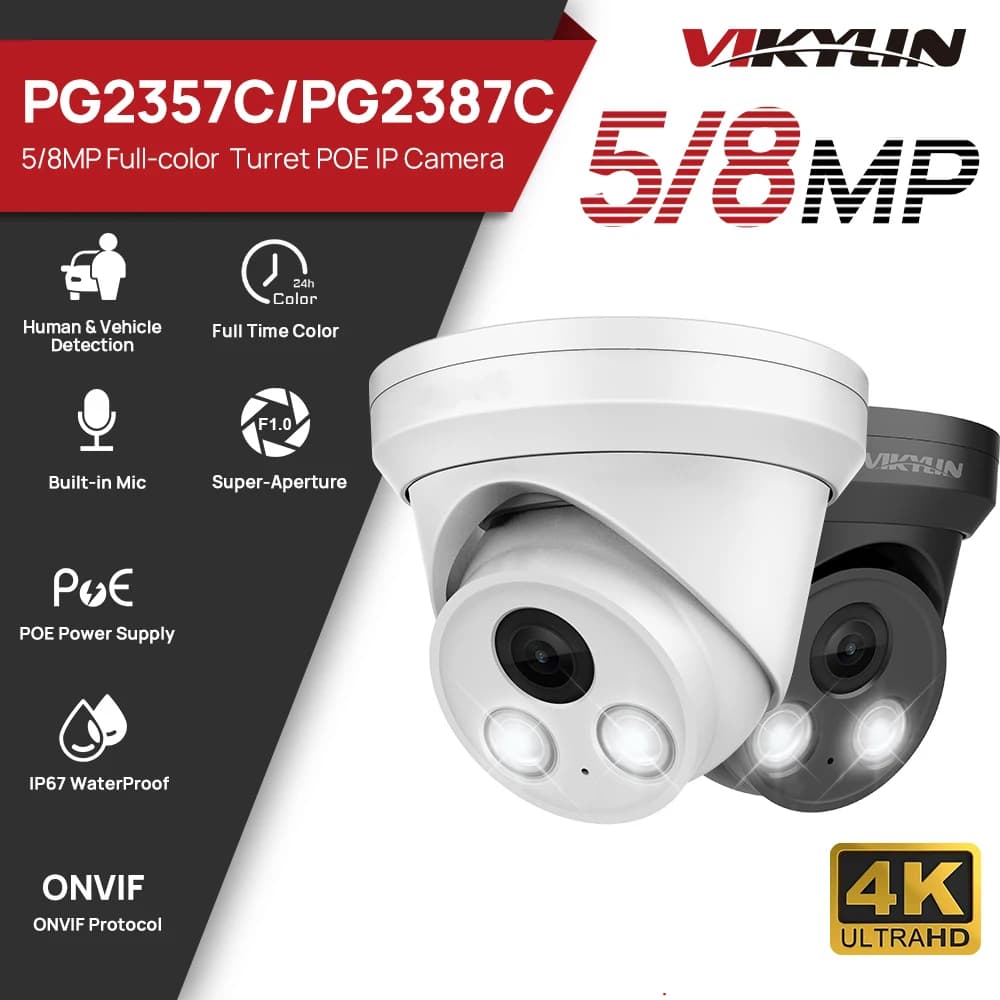 Telecamera IP VIKYLIN 5/8MP 4K a Colori Completi con Sensore SO-NY IMX 335/415, Audio Esterno, POE, Onvif, IP67, Rilevamento Umano e Veicolare, Telecamera CCTV