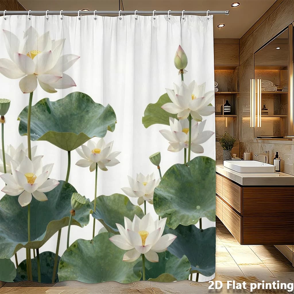 Tenda da doccia con loto bianco e foglie verdi – Illustrazione botanica, poliestere, con occhielli, 71x71 pollici, decorazione serena per il bagno