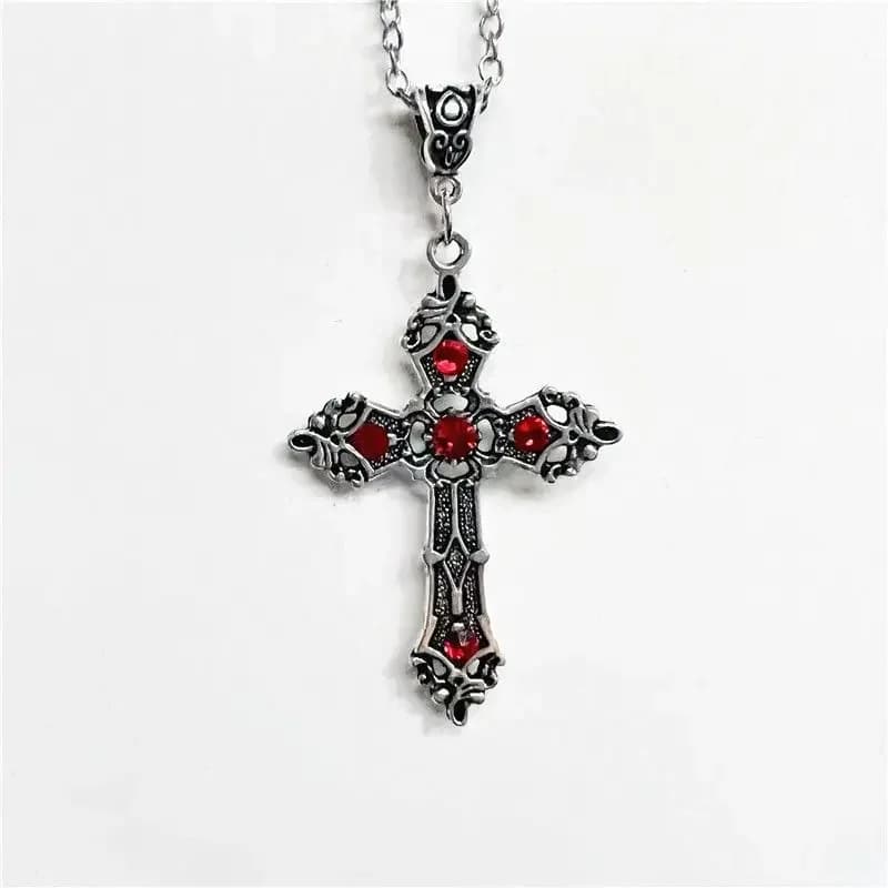 European and American retro simple fashion gothic black gem ruby cross pendant men's women's necklace