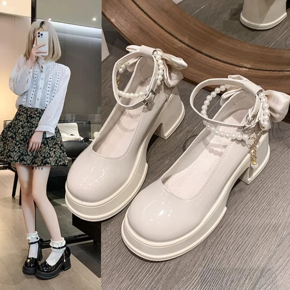 Scarpe da Donna Casual Primaverili/Estive con Tacco Alto e Fibbie di Perle, Scarpe da Cerimonia Mary Jane