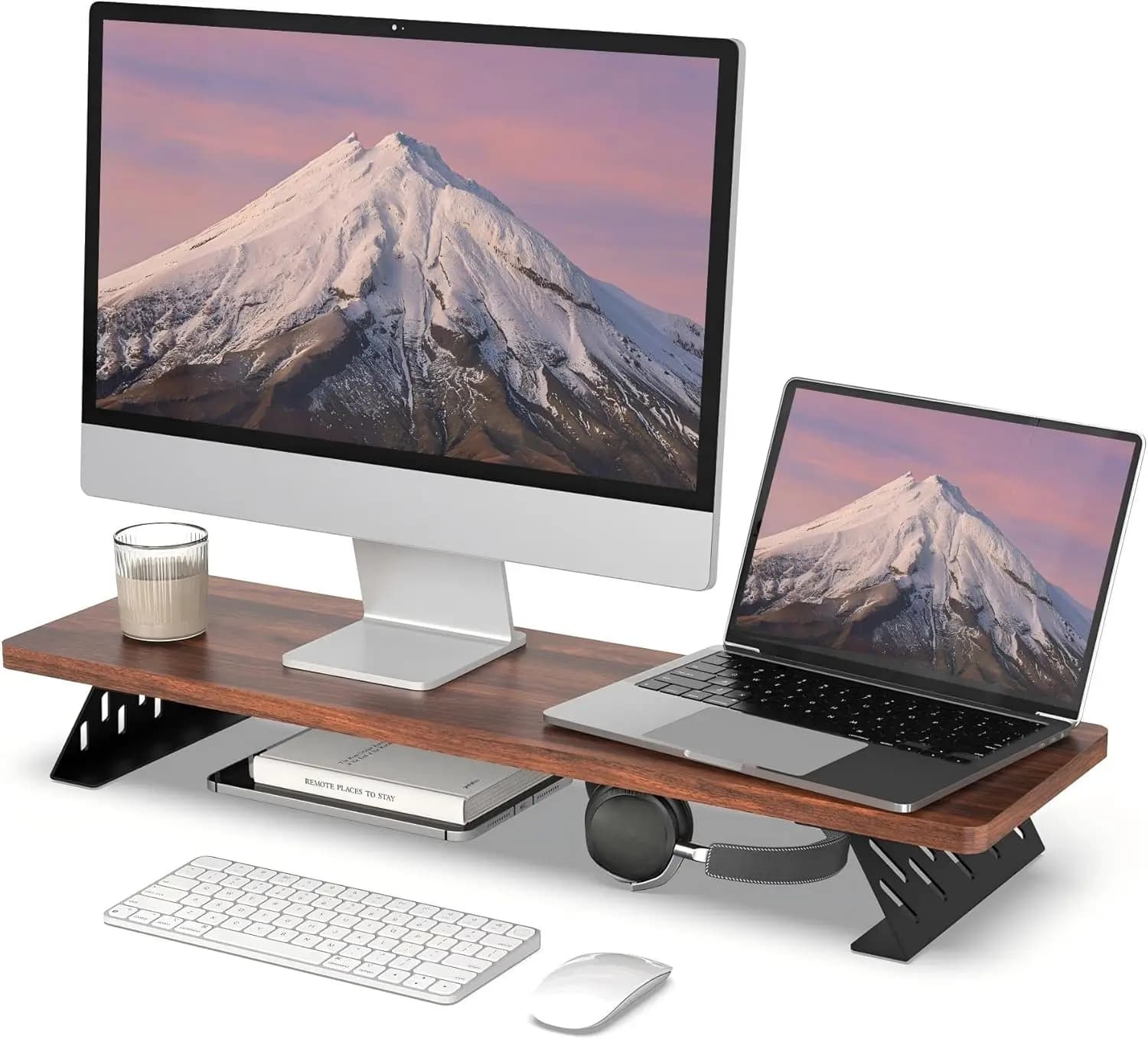 Supporto per monitor, ripiano da scrivania per 2 monitor, supporti per computer da scrivania, supporto da scrivania in legno e acciaio, resistente fino a 55 libbre
