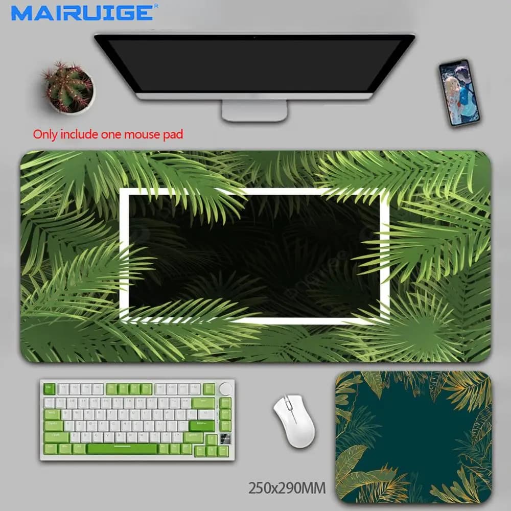 Light Background Palm Leaf Desk Mat Fresh Minimalist Style Premium Bound Edge Large Size Anti-Slip Keyboard Pad for Laptop
