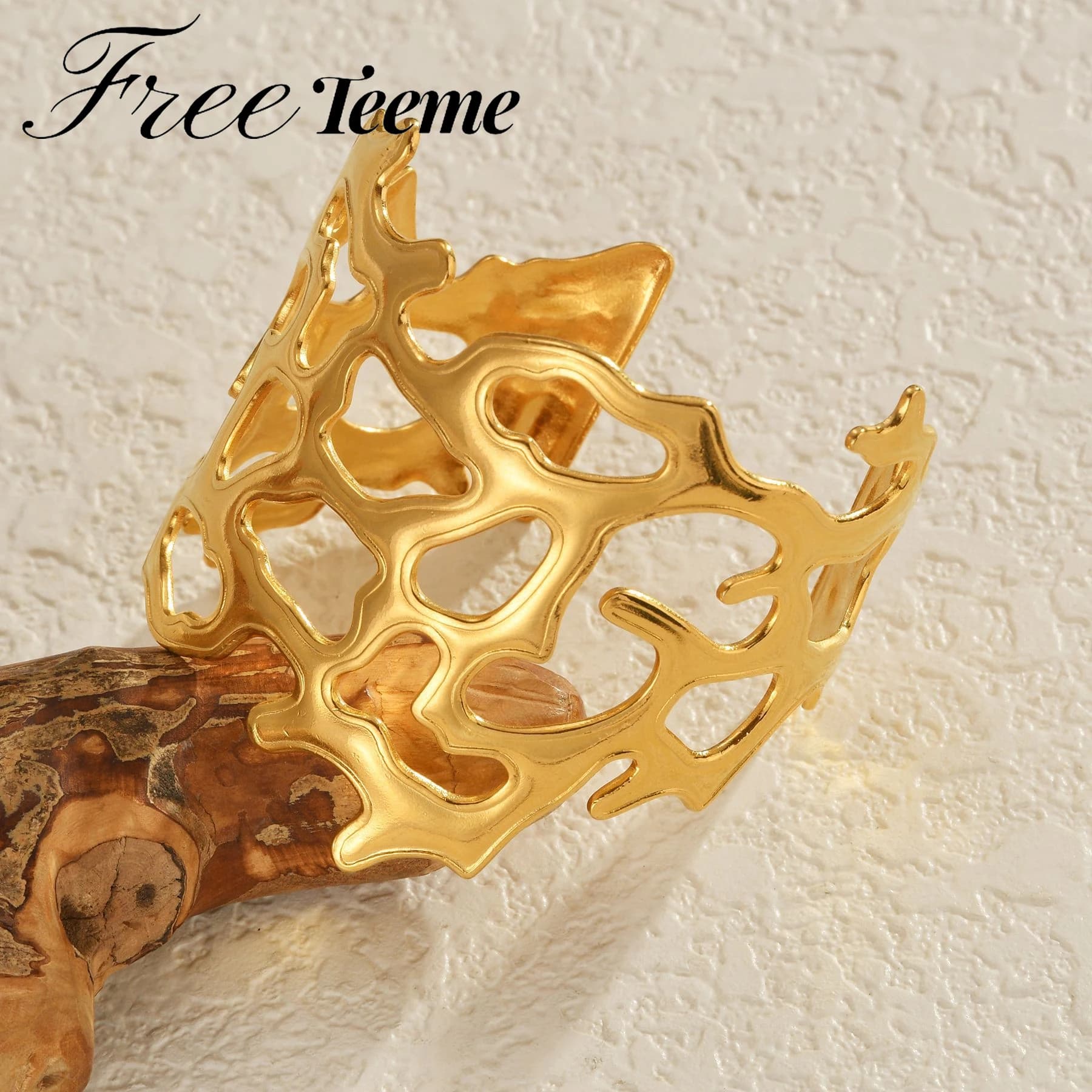 Freeteem Exaggerated Chunky Branch Stainless Steel Wide Cuff Bangles for Women Gold Plated Wrap Men Bracelets Jewelry Christmas