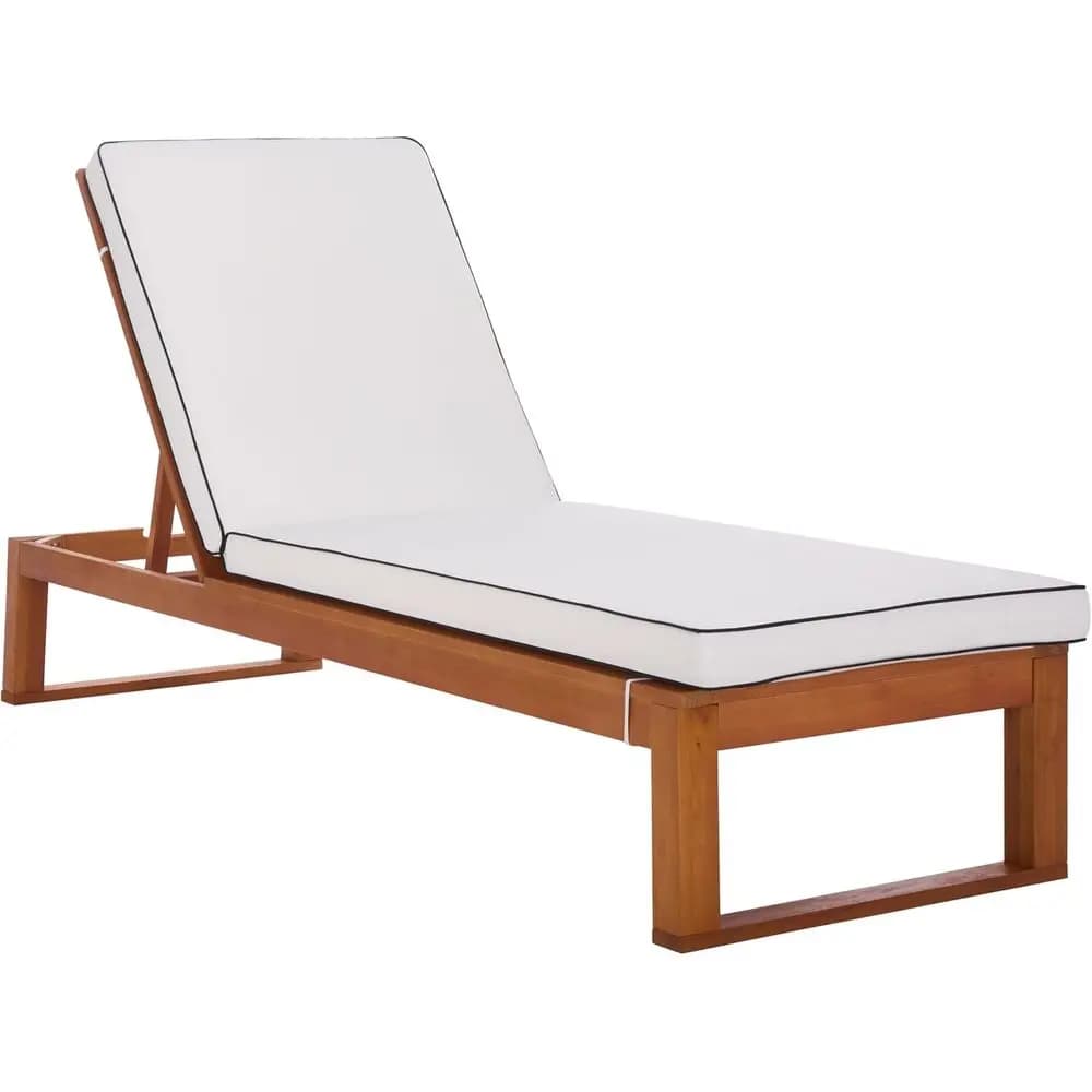 Natural Solid Wood Lounger with Beige Cushion and Black Piping, Adjustable Backrest Chaise Chair