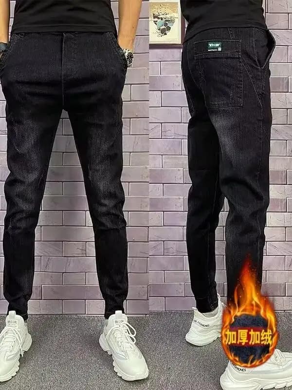 Black Fleece Lined Thick Denim Jeans Men's Slim Fit Trendy Brand Casual Elastic Long Pants Autumn Winter Wear Resistant Youth...