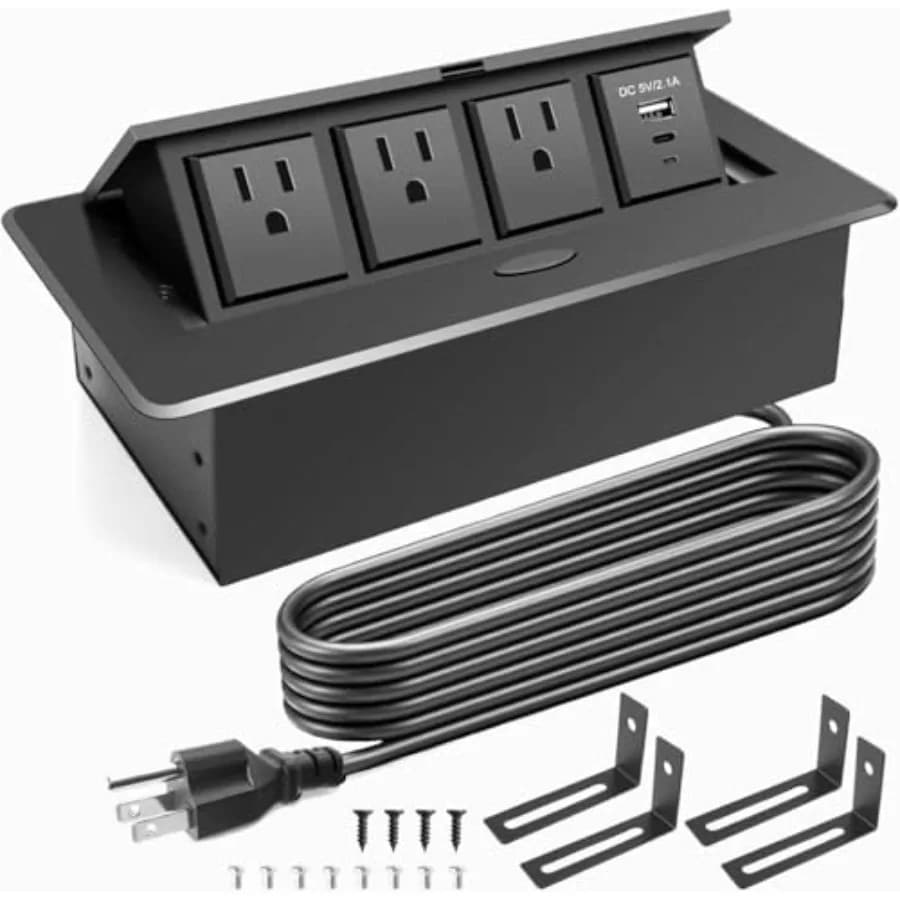 Hub di alimentazione per tavolo da conferenza con presa a scomparsa nel piano di lavoro, staffa di montaggio, 3 prese CA e ricarica rapida USB-A USB-C PD 18W