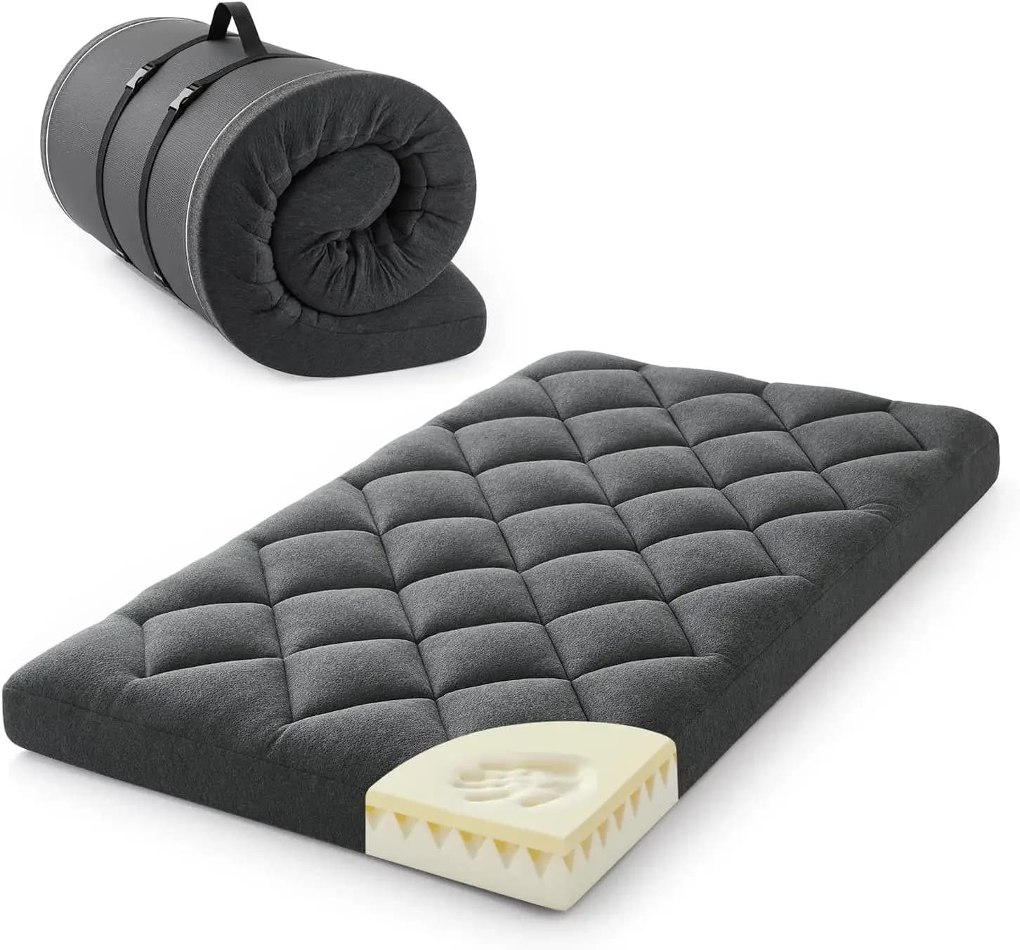 4" Twin Floor Futon Mattress,Memory Foam & Egg Crate Foam,Quilted | Pillow Top,Roll Up Japanese Tatami Pad for Sleeping,Guest