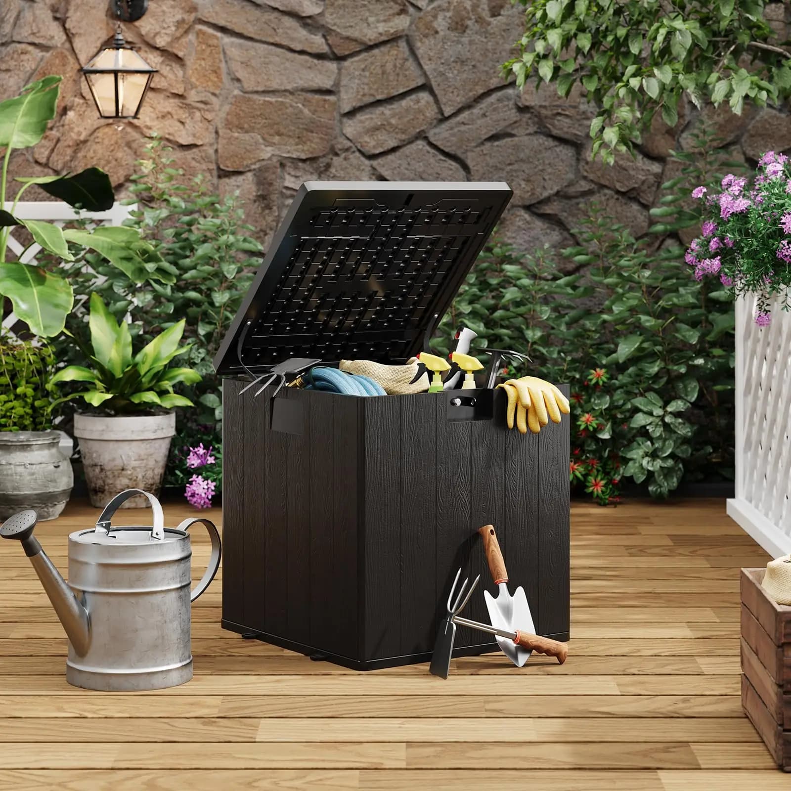 Contenitore da esterno da 80 galloni, in resina impermeabile con serratura, per patio e giardino, design in rattan, porta cuscini e attrezzi da piscina