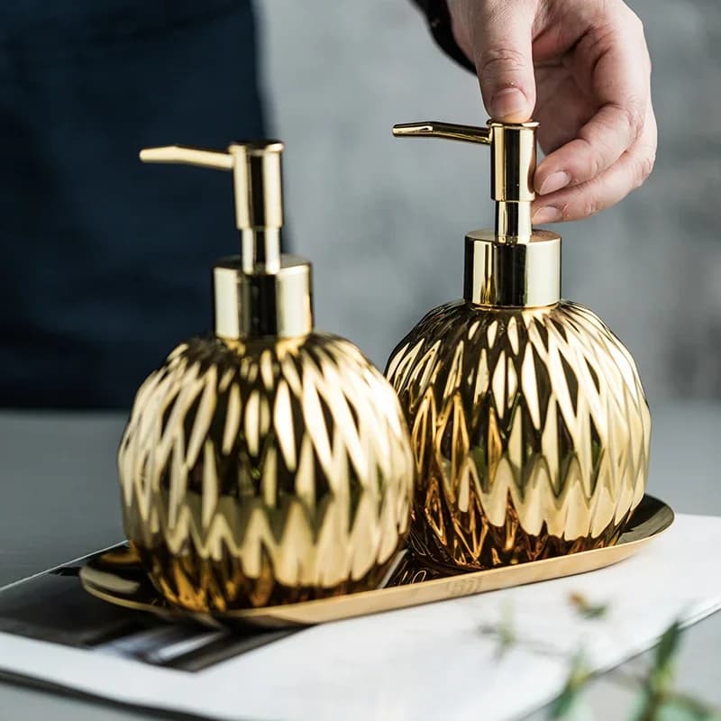 Luxury Gold Soap Dispenser with Press handle Ceramic Silver stainless steel Tray Bathroom Accessory