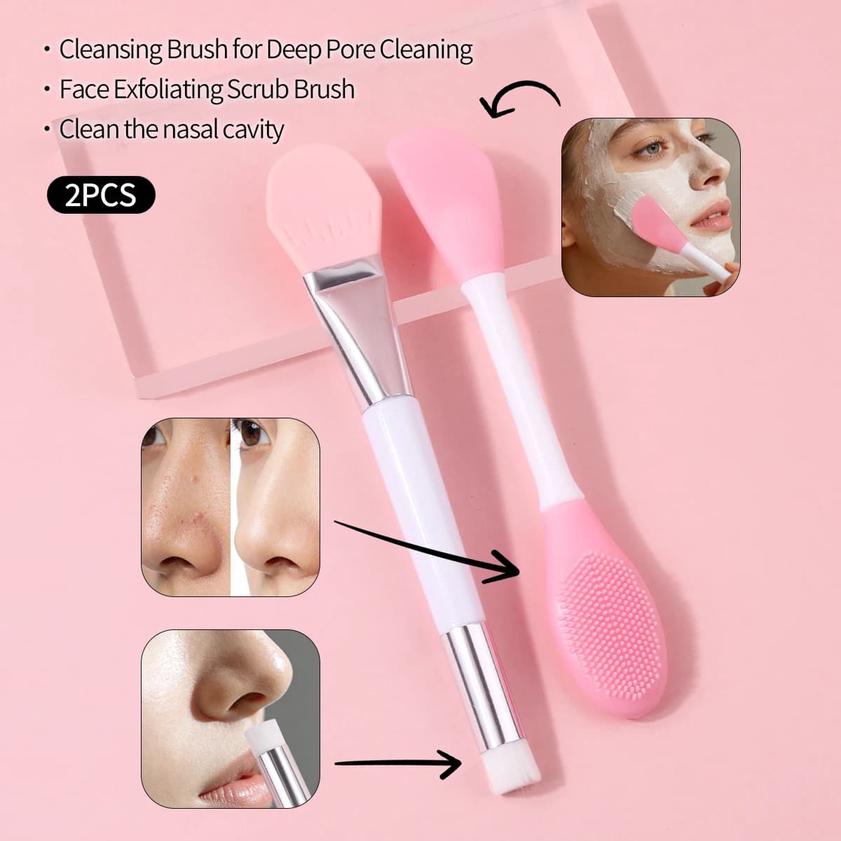 Special Offer: Silicone Face Mask Brush with Pink Plastic Handle, Naso Cleaning Brush, Double Silicone Tool for Massage and Cleaning