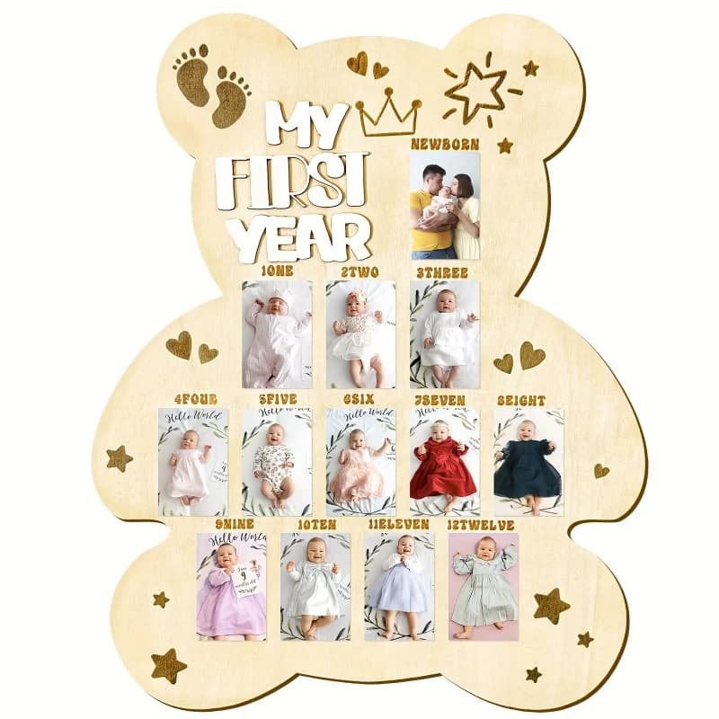 Cornice Fotografica per il Primo Anno del Bambino, Espositore per Foto con Orsetto, Accessorio per Baby Shower, 12 Mesi, in Legno