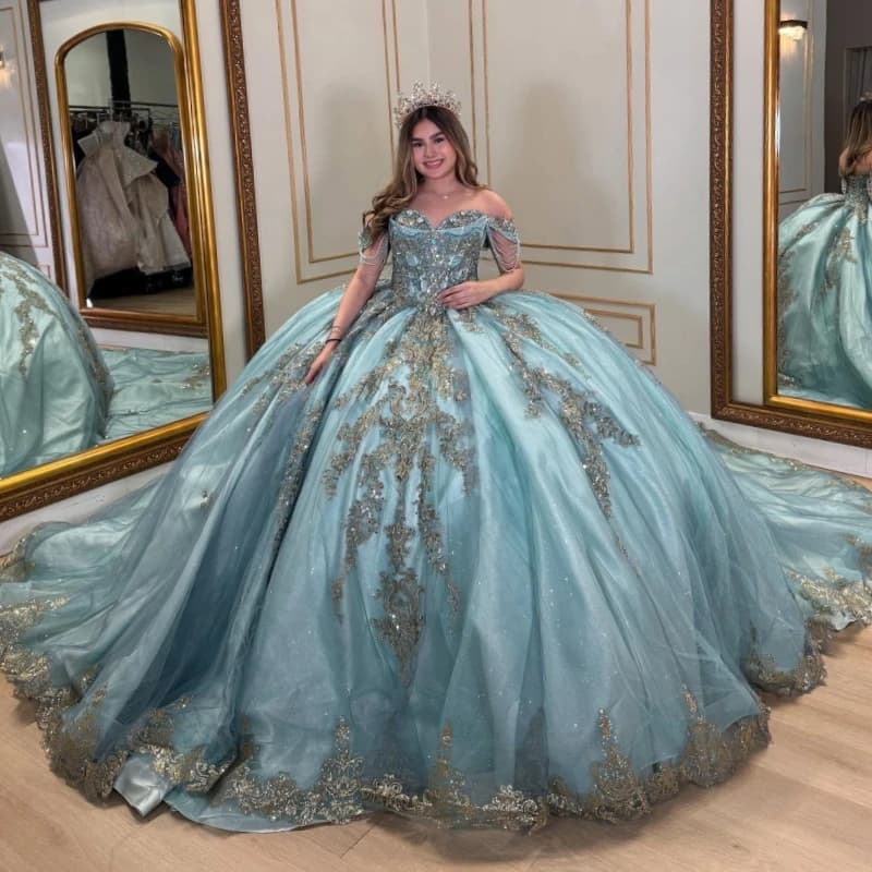 Abiti da principessa Quinceanera blu acqua con spalle scoperte Applique in oro Perline di pizzo Tull Sweet 16 Abito da ballo Abiti 15 De Anos